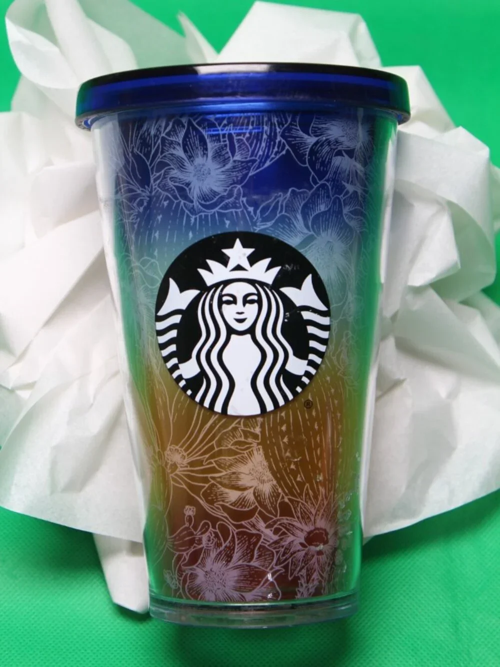 Starbucks 16 oz. Plastic Tumbler. Blue/Gold, Floral and Cactus